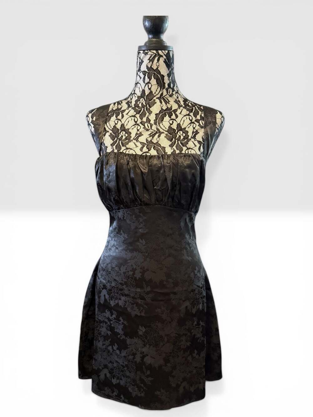 Lulus Black Satin Jacquard Floral Lace-Up Mini Dress size Medium